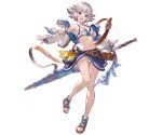  armpits bangs bare_shoulders belt_pouch bikini bikini_skirt blue_eyes breasts cleavage collarbone detached_sleeves farrah_(granblue_fantasy) flipped_hair full_body granblue_fantasy jacket leg_up long_sleeves looking_at_viewer medium_breasts minaba_hideo navel off_shoulder official_art open_clothes open_jacket outstretched_arms pouch sandals short_hair silver_hair smile solo spread_arms standing swimsuit sword transparent_background weapon 