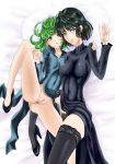  2girls absurdres bangs bare_legs bed_sheet black_footwear blush breasts censored closed_mouth collarbone curly_hair dress eyebrows_visible_through_hair female from_above fubuki_(one-punch_man) full_body green_dress green_eyes green_hair hair_between_eyes high_heels highres legs lips looking_at_viewer lying medium_breasts multiple_girls navel nipples on_side one-punch_man pubic_hair pussy senga81 short_hair siblings sisters skindentation small_breasts spread_legs stomach tatsumaki underboob 