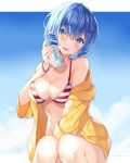  bangs bare_shoulders bikini blue_eyes blue_hair blue_sky blush bottle bottle_to_cheek breasts cleavage cloud collarbone commentary day english_commentary eyebrows_visible_through_hair hair_between_eyes hair_ornament hairclip hand_up head_tilt hitsukuya holding holding_bottle jacket long_sleeves looking_at_viewer medium_breasts off_shoulder parted_lips re:zero_kara_hajimeru_isekai_seikatsu rem_(re:zero) short_hair sitting sky smile solo striped striped_bikini swimsuit twitter_username water water_bottle x_hair_ornament yellow_jacket 