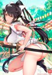  ass azur_lane bangs black_footwear black_hair bow breasts closed_mouth commentary_request eyebrows_visible_through_hair festival from_side fundoshi hair_between_eyes hair_bow hair_flaps hayakawa_akari holding holding_sword holding_weapon japanese_clothes katana kimono large_breasts ponytail ribbon sword takao_(azur_lane) weapon white_bow white_kimono white_ribbon yamakasa yellow_eyes 