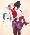  1girl bike_shorts bouquet breasts flower forehead_protector haruno_sakura konohagakure_symbol naruto naruto_(series) naruto_shippuuden ninja sera_(serappi) short_hair uchiha_sasuke 