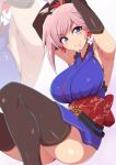  armpits arms_up asymmetrical_hair autumn_leaves bangs black_legwear blue_eyes blush breasts closed_mouth earrings eyebrows_visible_through_hair fate/grand_order fate_(series) gradient gradient_background highres japanese_clothes jewelry large_breasts leaf_earrings long_hair looking_at_viewer miyamoto_musashi_(fate/grand_order) obi pink_hair ponpo sash smile solo thighhighs zoom_layer 
