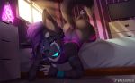  2018 anthro ass_up bedroom canine clothing collar fox girly hair lava_lamp looking_at_viewer male mammal phone purple_hair red_panda rubber solo valkoinen warmers wolf zoyler_(character) 