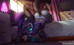  2018 anthro ass_up bedroom canine clothing collar fox girly hair jeans lava_lamp looking_at_viewer male mammal pants phone purple_hair red_panda solo valkoinen wolf zoyler_(character) 