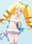  1girl bangs blonde_hair blue_background blush bracelet breasts capcom cowboy_shot drill_hair embarrassed female frilled_swimsuit frills hair_ornament hair_ribbon holding_footwear jewelry kuroi_ohagi long_hair navel open_mouth ribbon rockman ryuusei_no_rockman sandals sandals_removed shirogane_luna small_breasts solo swimsuit twintails white_swimsuit yellow_eyes 