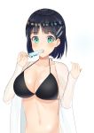  1girl absurdres black_bikini_top black_hair breasts cleavage collarbone eyebrows_visible_through_hair food green_eyes hair_ornament highres holding kirigaya_suguha large_breasts long_sleeves looking_at_viewer navel open_clothes open_mouth open_shirt popsicle see-through shiny shiny_hair shirt short_hair simple_background solo sword_art_online upper_body white_background white_shirt wook_03 
