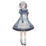  apron blush bow dress embroidery frills full_body girls_frontline gun handgun holster juliet_sleeves lace lace-trimmed_dress long_sleeves looking_at_viewer maid maid_apron maid_headdress nishihara_isao official_art puffy_sleeves purple_eyes short_hair shoulder_holster silver_hair thompson/center_contender thompson/center_contender_(girls_frontline) transparent_background weapon 