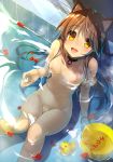  animal_ears bathing breasts brown_eyes brown_hair cat_ears collar collarbone eyebrows_visible_through_hair flower from_above hair_flower hair_ornament heart heart-shaped_pupils long_hair looking_at_viewer nipples nude open_mouth original partially_submerged petals rubber_duck small_breasts solo symbol-shaped_pupils water yanagi_yuu 