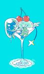  1girl blue_background cherry cup drinking_glass eyes_closed female food fruit goo_girl kaneko_sake monster_girl nude original signature simple_background sleeping slime_girl solo tail wine_glass 