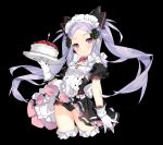  apron bangs birthday_cake black_dress black_panties bow bow_panties breasts burning cake candle dress fire food forehead fruit gloves hair_ornament head_tilt holding holding_plate maid maid_headdress panties parted_bangs plate puffy_short_sleeves puffy_sleeves purple_eyes purple_hair red_eyes saru short_sleeves small_breasts solo strawberry twintails underwear white_apron white_gloves 