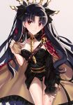  asymmetrical_sleeves bangs between_breasts black_cape breasts cape commentary cosplay detached_collar earrings ereshkigal_(fate/grand_order) ereshkigal_(fate/grand_order)_(cosplay) fate/grand_order fate_(series) gold_trim hoop_earrings infinity ishtar_(fate/grand_order) jewelry leaning_forward long_hair multicolored multicolored_cape multicolored_clothes necklace parted_bangs red_cape red_eyes single_sleeve skull smile spine two_side_up very_long_hair yaoshi_jun yellow_cape 