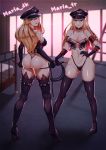  ass black_gloves black_legwear blonde_hair blue_eyes boots breasts cameltoe collar commission daydream_(zhdkffk21) dominatrix dungeon_and_fighter elbow_gloves female_gunner_(dungeon_and_fighter) gloves hat high_heel_boots high_heels highres long_hair looking_at_viewer maria_tr multiple_girls navel peaked_cap red_eyes riding_crop shiny shiny_skin smile spiked_collar spikes thighhighs thong tongue tongue_out whip 