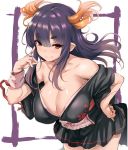  absurdres bare_shoulders black_hair blush breasts character_request cleavage clenched_hand collarbone copyright_request fang hand_on_hip highres horns japanese_clothes jewelry kimono kimono_skirt kztk large_breasts leaning_forward long_hair looking_at_viewer pointy_ears red_eyes ring skirt smile solo wrist_cuffs 