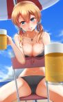  absurdres alcohol alternate_costume bangs beach beach_umbrella beer bikini black_bikini blonde_hair blue_eyes blue_sky blush breasts chair cloud collarbone commentary_request cross cross_necklace cup day hair_between_eyes hair_ornament head_tilt highres holding holding_cup iron_cross jewelry kantai_collection large_breasts long_hair looking_at_viewer low_twintails mug navel necklace nuka_(nvkka) outdoors parted_lips pov prinz_eugen_(kantai_collection) sand sitting sitting_backwards sky smile solo stomach swimsuit table thighs twintails umbrella 