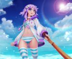  :d ass_visible_through_thighs bangs bikini blue_eyes blue_sky breasts choker cloud cloudy_sky commentary_request cowboy_shot d-pad d-pad_hair_ornament day drawstring from_below hair_ornament holding jacket lens_flare long_sleeves looking_at_viewer navel neptune_(choujigen_game_neptune) neptune_(series) open_clothes open_jacket open_mouth outdoors purple_hair segamark short_hair sky small_breasts smile solo stomach striped striped_bikini striped_legwear sun swimsuit sword teeth thighhighs thighs water weapon wet white_choker white_jacket wooden_sword 