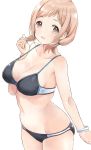  bangs bare_shoulders blush breasts brown_eyes collarbone commentary_request hips idolmaster idolmaster_shiny_colors large_breasts light_brown_hair looking_at_viewer low_twintails navel open_mouth sakuragi_mano short_hair simple_background smile solo tetsujin_momoko twintails white_background 