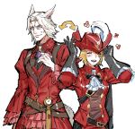  1girl animal_ears blonde_hair blue_eyes cat_ears cat_tail closed_eyes cosplay costume_switch facial_mark final_fantasy final_fantasy_xiv frischenq gloves hat hyur miqo'te open_mouth pleated_skirt red_mage short_hair sketch skirt sweatdrop tail white_background x'rhun_tia 