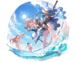  2girls bangs bare_shoulders beach belt_pouch bikini bikini_skirt bikini_top black_hair blue_eyes blue_sky breasts brown_hair cleavage cloud cloudy_sky collarbone day detached_sleeves earrings farrah_(granblue_fantasy) flipped_hair granblue_fantasy holding jacket jewelry juri_(granblue_fantasy) katalina_aryze long_hair long_sleeves medium_breasts minaba_hideo multiple_girls off_shoulder official_art one_eye_closed open_clothes open_jacket open_mouth outdoors pouch shiny short_hair silver_hair sky smile sun sunlight swimsuit sword transparent_background wading water water_drop weapon white_bikini 