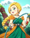  :o bianca blonde_hair blue_sky blush bracelet braid breasts cape cloud collarbone day dragon_quest dragon_quest_v dress earrings green_dress green_eyes highres holding holding_whip jewelry long_hair medium_breasts neck_ring nurutema open_mouth orange_cape outdoors single_braid sky solo teeth whip 