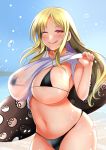  ;) bangs beach bikini black_bikini blonde_hair blue_sky blush breasts closed_mouth day eyebrows_visible_through_hair huge_breasts lifted_by_self long_hair looking_at_viewer micro_bikini mole mole_under_mouth naughty_face navel one_eye_closed outdoors parted_bangs pyonpyonmaru red_eyes see-through senran_kagura shiki_(senran_kagura) shirt shirt_lift short_sleeves sky smile solo straight_hair swimsuit swimsuit_under_clothes tongue tongue_out water wet wet_clothes wet_shirt white_shirt 