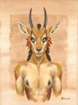  2018 amber_eyes antelope athletic black_nose breasts cornrows eyelashes female fur gazelle horn looking_at_viewer mammal mohawk nipples scale_(artist) smile tan_fur traditional_media_(artwork) 