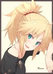  blonde_hair braid commentary_request dan_(kumadan) fang fate/grand_order fate_(series) french_braid green_eyes hair_ornament hair_scrunchie jewelry mordred_(fate) mordred_(fate)_(all) pendant ponytail scrunchie solo 