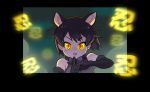  :p animal_ears bare_shoulders black_gloves black_hair borrowed_character cat_ears collar commentary_request elbow_gloves extra_ears eyebrows_visible_through_hair gloves glowing glowing_eyes highres kemono_friends korean_commentary looking_at_viewer orange_eyes original roonhee russian_blue_(kemono_friends)_(carasohmi) short_hair solo tongue tongue_out v-shaped_eyebrows 