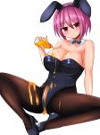  animal_ears bottle bow bowtie bunny_ears bunny_girl bunnysuit commentary_request fake_animal_ears food_on_body high_heels honey original pink_hair rethnick simple_background smile solo white_background 