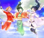  3girls bangs belt black_hair blue_eyes blue_hair blue_legwear blush breasts bun_cover chinese_clothes cloud cravat female full_body gintama green_kimono hair_ornament hand_holding haori happy hime_cut holding imai_nobume japanese_clothes jumping kagura_(gintama) kimono large_breasts long_hair military military_uniform moyami multiple_girls nlunt_bangs obi open_mouth orange_hair red_eyes sandals sash short_hair shorts sky small_breasts smile sword thighhighs tokugawa_soyo uniform weapon 