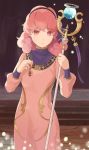  commentary curly_hair dress fire_emblem fire_emblem_echoes:_mou_hitori_no_eiyuuou hairband highres holding holding_staff jenny_(fire_emblem) jewelry long_dress long_sleeves necklace pink_dress pink_eyes pink_hair solo staff stairs standing yayster 