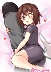  ass blush bodysuit breasts brown_hair commentary_request eyebrows_visible_through_hair furutaka_(kantai_collection) hair_between_eyes hair_ornament hairclip heart heterochromia kantai_collection looking_at_viewer medium_breasts open_mouth short_hair solo sou_(soutennkouchi) torpedo yellow_eyes 