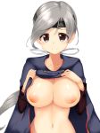  black_headband breasts chitose_(kantai_collection) cleavage closed_mouth grey_eyes grey_hair highres kantai_collection kon5283 large_breasts lifted_by_self long_hair navel nipples ponytail shiny shiny_skin simple_background smile solo upper_body white_background 