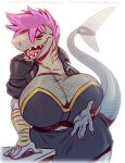  2015 anthro arm_wraps big_breasts biped breasts clothed clothing digital_media_(artwork) eyebrows eyelashes facial_piercing female fin fish fishnet gills hair half-closed_eyes huge_breasts jacket lip_piercing marine miniskirt neodokuro non-mammal_breasts open_mouth piercing pink_hair seductive shark sharp_teeth simple_background skirt smile snakebite_piercing solo standing teeth tongue vishka white_background wraps 