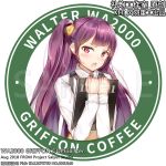  apron blush chinese_commentary coffee commentary_request english girls_frontline lipao_shejiju logo_parody long_hair menu necktie sample solo starbucks wa2000_(girls_frontline) waitress 