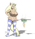  2018 anthro big_breasts blonde_hair breasts cat cheek_tuft cheese_(general-irrelevant) clothing cooking feline female food frying_pan hair hand_on_hip hi_res legwear long_hair mammal mostly_nude navel purple_eyes pussy sailoranna sandwich_(disambiguation) simple_background solo spatula standing stockings striped_legwear stripes thigh_highs tuft white_background 