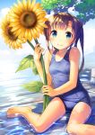  ahoge ass_visible_through_thighs bangs bare_arms bare_legs bare_shoulders barefoot blue_sky blue_swimsuit blush breasts brown_hair cameltoe closed_mouth cloud cloudy_sky collarbone commentary_request day eyebrows_visible_through_hair feet feet_out_of_frame fingernails flower green_eyes hair_bun hand_up head_tilt highres holding holding_flower legs long_hair looking_at_viewer old_school_swimsuit one-piece_swimsuit original outdoors school_swimsuit shade sitting sky small_breasts smile solo straight_hair sunflower swimsuit takoyaki_(roast) tree_branch twintails very_long_hair wariza water yellow_flower 