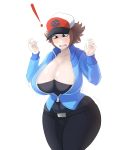  ! 1girl baseball_cap blush breasts brown_eyes brown_hair cleavage curvy genderswap genderswap_(mtf) hat huge_breasts motion_lines open_mouth pants pokemon pokemon_(game) pokemon_bw short_hair simple_background solo standing thick_thighs thighs touya_(pokemon) white_background wide_hips xiceowl 