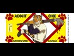  2017 anthrocon badge baseball_uniform clothing feline fur inktiger looking_at_viewer male mammal orange_fur paint paintbrush pink_nose smile ticket tiger uniform 