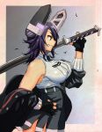  black_gloves black_jacket breasts commentary_request gloves graphite_(medium) hand_on_hip headgear highres holding holding_sword holding_weapon jacket kantai_collection left-handed namakura_neo off_shoulder over_shoulder partly_fingerless_gloves profile purple_hair remodel_(kantai_collection) shirt sleeveless sleeveless_shirt solo sword sword_over_shoulder tenryuu_(kantai_collection) traditional_media weapon weapon_over_shoulder white_shirt 