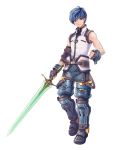  ankle_belt belt blue_hair blue_legwear brown_gloves check_character clenched_hand elbow_pads fayt_leingod fingerless_gloves full_body gloves green_eyes holding holding_sword holding_weapon looking_at_viewer male_focus mzkk_1826 shirt sleeveless sleeveless_shirt solo standing star_ocean star_ocean_anamnesis sword veinslay_(star_ocean_anamnesis) weapon white_shirt 