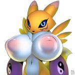  2018 areola armwear big_areola big_breasts big_nipples black_sclera blue_eyes breasts clothing digimon dipstick_ears dipstick_tail facial_markings female fur huge_breasts inverted_nipples markings multicolored_tail navel neck_tuft nipples nude puffy_areola renamon solo tuft xylas yellow_fur yin_yang 