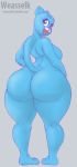  anthro blue_fur breasts butt cartoon_network feline female fur green_eyes grey_background looking_back mammal mature_female nicole_watterson nude open_mouth simple_background smile solo the_amazing_world_of_gumball thick_thighs weasselk 