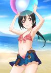  armpits arms_up ball beach beachball belt bikini black_hair blue_skirt blue_sky collarbone cowboy_shot day flat_chest floating_hair hair_between_eyes hair_ornament hair_scrunchie highleg highleg_bikini highres holding holding_ball kuusuke_(yo_suke39) long_hair looking_at_viewer love_live! love_live!_school_idol_project midriff miniskirt navel ocean open_clothes open_skirt outdoors pink_bikini pleated_skirt ponytail red_eyes red_scrunchie scrunchie skirt sky smile solo standing stomach swimsuit yazawa_nico 