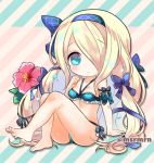  arm_support bangs bare_legs bare_shoulders barefoot bikini blue_bikini blue_bow blue_eyes blue_hairband blush bow breasts chibi closed_mouth commentary_request diagonal-striped_background diagonal_stripes eyebrows_visible_through_hair flower full_body hair_bow hair_over_one_eye hairband halter_top halterneck hand_up long_hair looking_at_viewer lowres marshmallow_mille pandora_(p&amp;d) puzzle_&amp;_dragons red_flower side-tie_bikini sitting small_breasts smile solo striped striped_background swimsuit twitter_username very_long_hair 