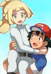  1girl baseball_cap belt belt_buckle black_hair blonde_hair brown_eyes buckle commentary_request green_eyes hat holding kuriyama lillie_(pokemon) pants pokemon pokemon_(anime) pokemon_(game) pokemon_sm pokemon_sm_(anime) satoshi_(pokemon) shirt striped striped_shirt 