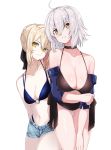  ahoge artoria_pendragon_(all) artoria_pendragon_(swimsuit_rider_alter) bikini black_bikini blonde_hair bow braid breasts choker cleavage commentary_request fate/grand_order fate_(series) french_braid frown hair_between_eyes hair_bow hand_on_own_elbow hand_on_own_thigh jeanne_d'arc_(alter)_(fate) jeanne_d'arc_(fate)_(all) kanameya large_breasts leaning_forward multiple_girls navel o-ring o-ring_bikini saber_alter short_hair short_shorts shorts small_breasts swimsuit white_background white_hair yellow_eyes 