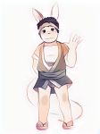  2017 4_toes 5_fingers anthro biped black_eyes black_hair canine clothed clothing cub danny_(funnybox) feet fluffy fluffy_tail footwear fox funnybox fur hair hand_behind_back headband hybrid japanese_clothing lagomorph looking_at_viewer male mammal rabbit sandals simple_background solo standing toes underwear waving white_background white_fur young 