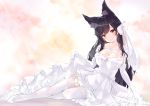  absurdres alternate_costume animal_ear_fluff animal_ears arm_support atago_(azur_lane) azur_lane bangs black_hair blush breasts bridal_veil brown_eyes closed_mouth commentary_request dress elbow_gloves extra_ears eyebrows_visible_through_hair gloves head_tilt highres jewelry large_breasts long_hair looking_at_viewer lying minikon mole mole_under_eye pumps ribbon ring smile solo sparkle swept_bangs thighhighs veil wedding_band wedding_dress white_dress white_footwear white_legwear white_ribbon 