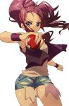  ankea_(a-ramo-do) armpits bangs black_wristband blue_eyes breasts brown_hair cowboy_shot cutoffs denim denim_shorts long_hair looking_at_viewer poke_ball pokemon pokemon_(game) pokemon_bw serious shirt shorts simple_background solo standing touko_(pokemon) white_background white_shirt 