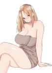  1girl absurdres bare_shoulders blonde_hair blue_eyes breasts cleavage closed_mouth collarbone commentary english_commentary folded_hair hair_ornament hairclip highres large_breasts legs_crossed long_hair looking_at_viewer norman_maggot original sitting smile solo teacher thighs towel 